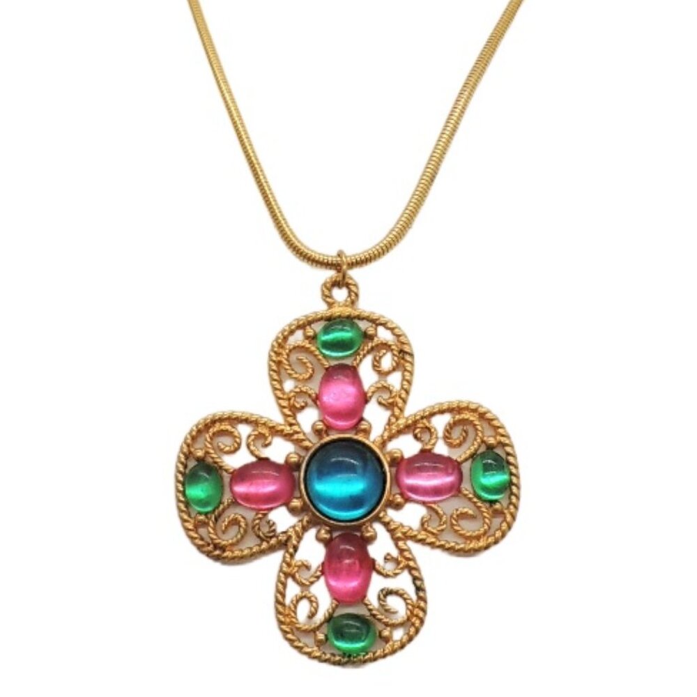 Vintage Signed Napier Book Piece Pastel Cabochon Pendant Necklace, 1992